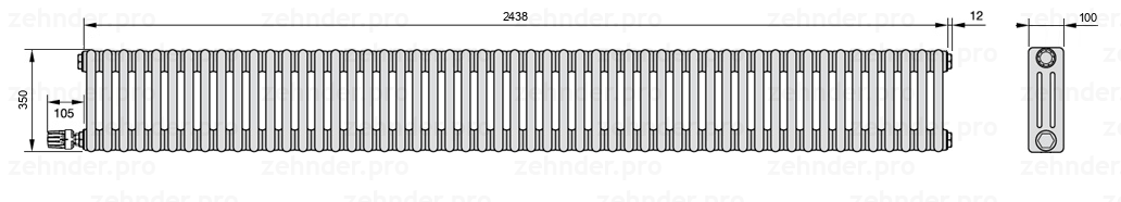 Схема (чертеж) Радиатор Zehnder Charleston 3035/53 №V004 Белый глянцевый RAL 9016